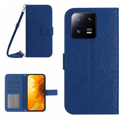 For Xiaomi 13 HT04 Skin Feel Sun Flower Embossed Flip Leather Phone Case with Lanyard(Dark Blue)