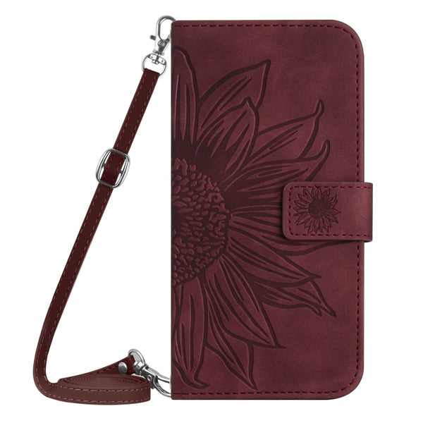 For Xiaomi 13 HT04 Skin Feel Sun Flower Embossed Flip Leather Phone Case with Lanyard(Wine Red)