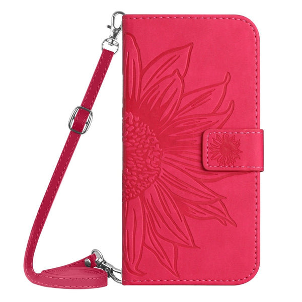 For Xiaomi 13 HT04 Skin Feel Sun Flower Embossed Flip Leather Phone Case with Lanyard(Rose Red)