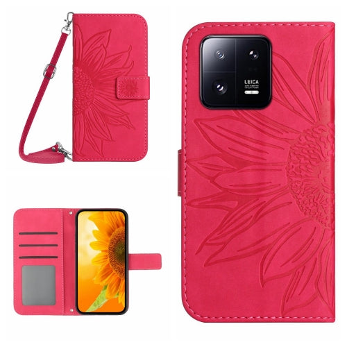 For Xiaomi 13 HT04 Skin Feel Sun Flower Embossed Flip Leather Phone Case with Lanyard(Rose Red)