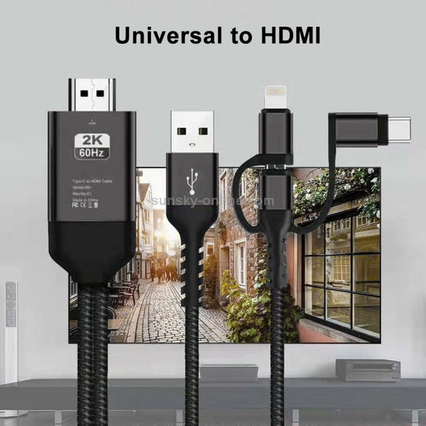 3 in 1 Micro USB USB-C Type-C 8 Pin to HDMI HDTV Cable(Black)