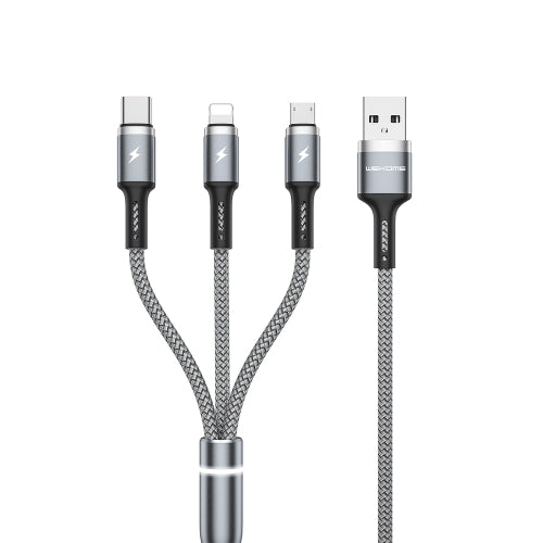 WK WDC-1191.2m 2.4A 3 in 1 USB to 8Pin Micro USB USB-C Type-C Fython Luminous Charging Ca...(Silver)