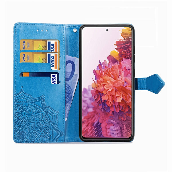 For Galaxy S20 FE S20 Lite Mandala Flower Embossed Horizontal Flip Leather Case with Bracke...(Blue)
