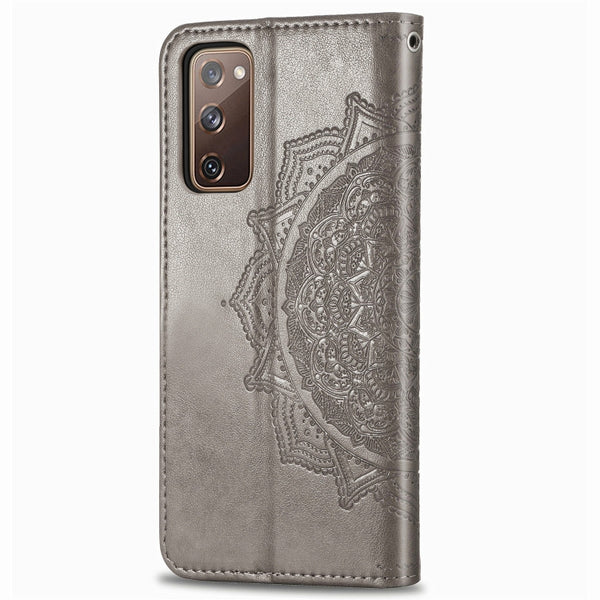 For Galaxy S20 FE S20 Lite Mandala Flower Embossed Horizontal Flip Leather Case with Bracke...(Gray)