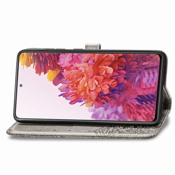 For Galaxy S20 FE S20 Lite Mandala Flower Embossed Horizontal Flip Leather Case with Bracke...(Gray)