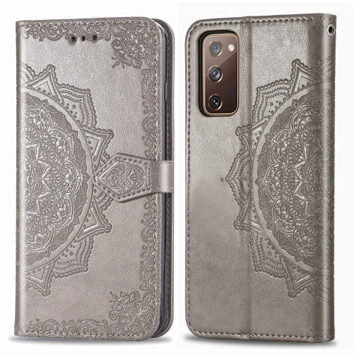 For Galaxy S20 FE S20 Lite Mandala Flower Embossed Horizontal Flip Leather Case with Bracke...(Gray)