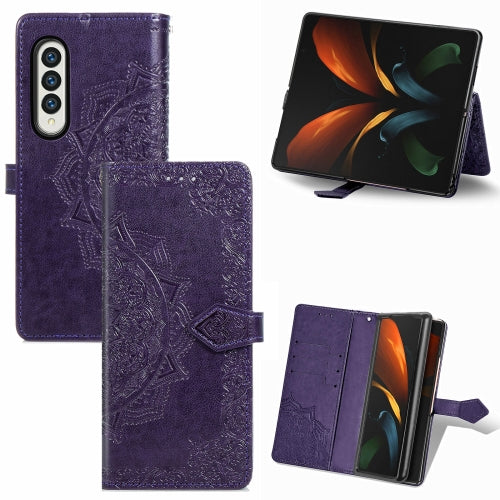 For Samsung Galaxy Z Fold3 Mandala Flower Embossed Horizontal Flip Leather Case with Hold...(Purple)