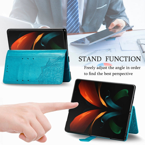 For Samsung Galaxy Z Fold3 Mandala Flower Embossed Horizontal Flip Leather Case with Holder...(Blue)