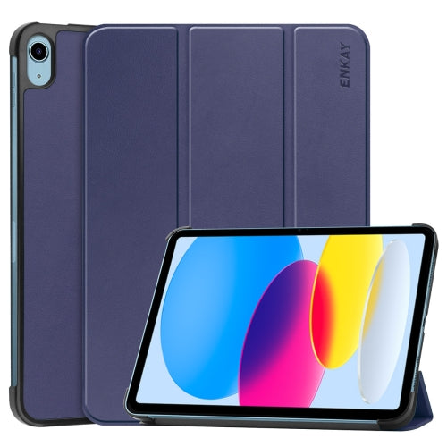 For iPad 10th Gen 10.9 2022 ENKAY Tri-fold Custer Texture Leather Stand Smart Case(Dark Blue)