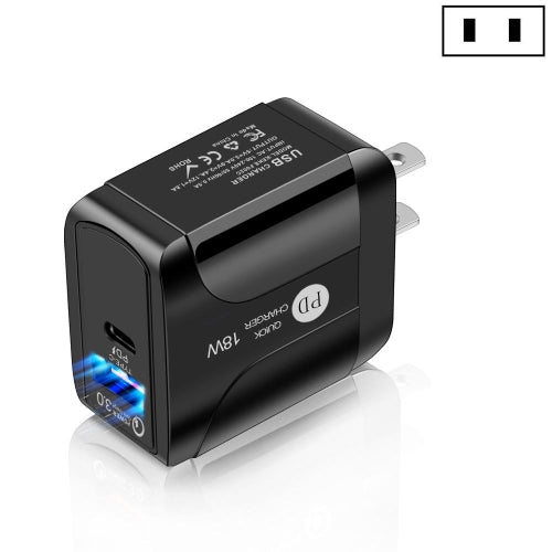 18W PD QC 3.0 Fast Charge Travel Charger Power Adapter With LED Indication Function(US Plug Black)