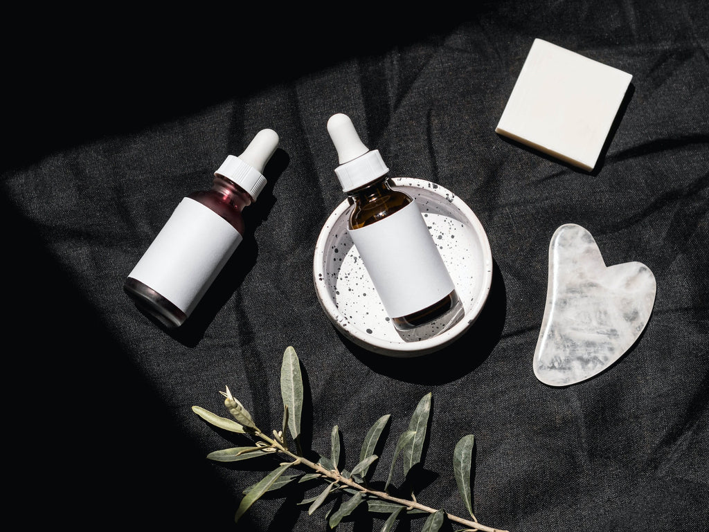 serum bottles and other skincare products