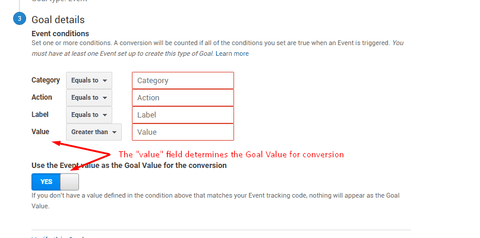 The "value" field determines the Goal Value for conversion