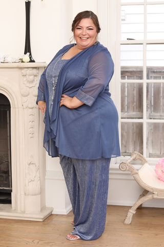 Women Plus Size Crinkle Pantsuit with Mesh Chiffon Jacket and Necklace Set