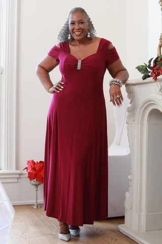 Women's Plus Size Women's Embellished Cold Shoulder Dress with Sleeves - Evening Gown