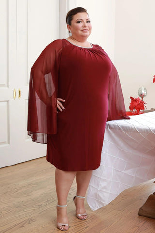 Women Plus Size Cape Dress with Rhinestone Neckline