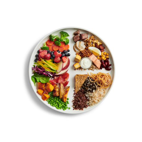 Balanced plate rich in proteins with various healthy foods, representing Sahra.Nko's nutritional recommendations for a firm bust.