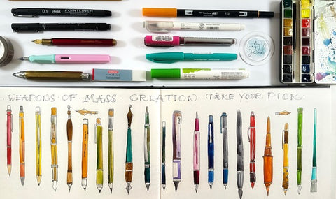 Pens and illustrations of pens and pencils by Lavi from My Inky Journal