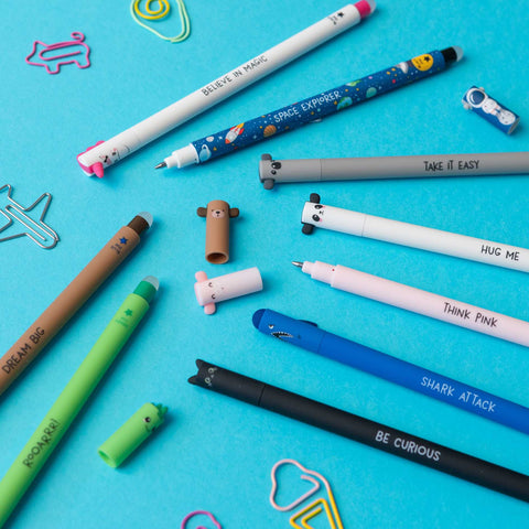 Different styles of Legami erasable pens laid out