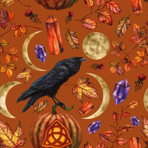 Samhain Stationery theme artwork including a crow, moon phases and candles.