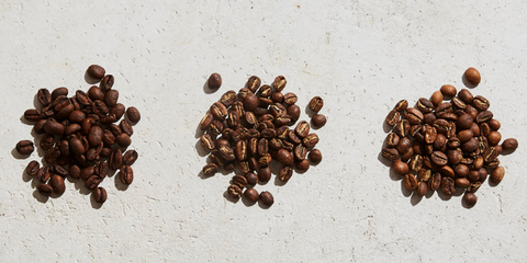 3 groups of coffee beans separated by roast level: dark, medium, and light.