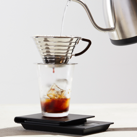 Brewing iced coffee with a kalita wave.