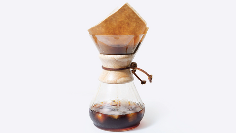 A Chemex filled with ice and coffee.