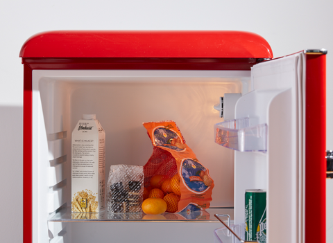 The inside of an opened fridge.