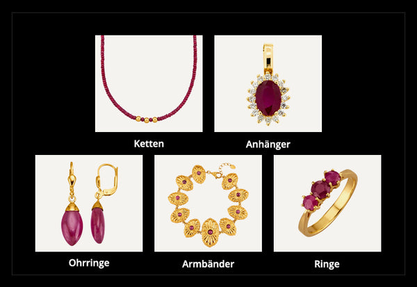 Rubinschmuck - Ketten, Anhänger, Ohrringe, Armbänder und Ringe