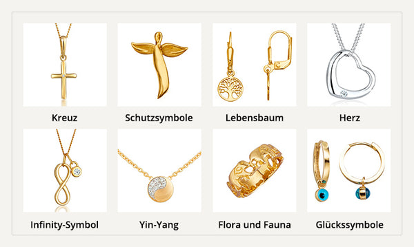 Symbolschmuck - Kreuz, Lebensbaum, Herz, Ying und Yang, Flora und Fauna,  Schutz, Infinity- und Glückssymbole