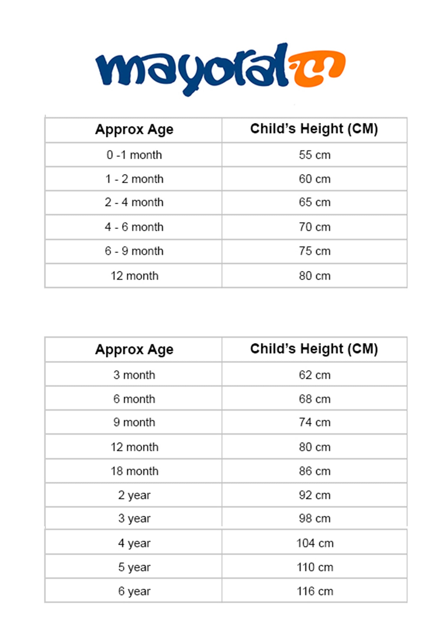 Mayoral Baby Size Chart