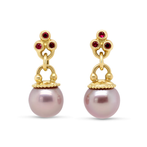 Cassie McCann 18k Yellow Gold Sri Lankan Ruby Pearl Eos Earrings