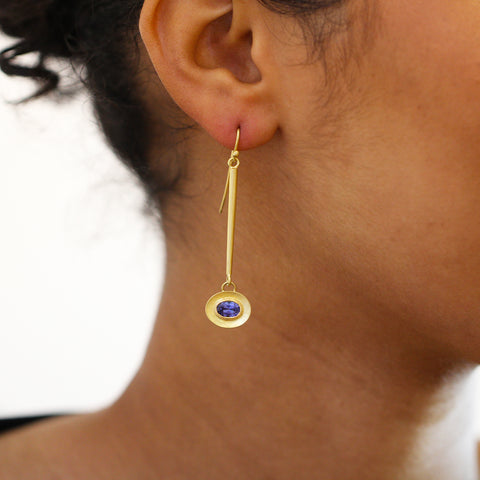 Elegant tanzanite drop earrings by Jean Scott-Moncrieff at designyard contemporary jewellery gallery dublin ireland