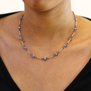 jean scott moncrieff 18k yellow gold tube tanzanite necklace with handmade S-clasp