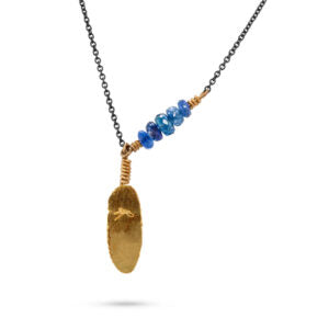 Sapphire & 22k gold leaf necklace on oxidised silver chain