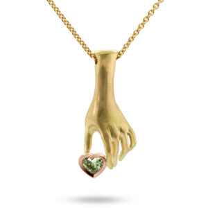 <p>18k yellow &amp; rose gold green heart diamond hand necklace with trigger clasp</p> <p>&nbsp;</p>