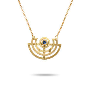 shimell and madden 18k yellow gold half circle medium blue sapphire pendant necklace with bolt ring clasp
