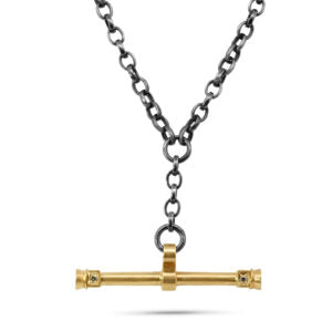 sine vasquez 14k yellow gold oxidised silver diamond pillar necklace with t-bar clasp