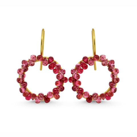 Monica Jacubek 18k yellow gold silver red spinel circle earrings