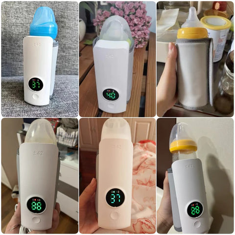 Er zitten zes verchillende flesjes in de oplaadbare flessenwarmer, om te laten zien dat de oplaadbare flessenwarmer te gebruiken is op veel verschillende soorten flessen.