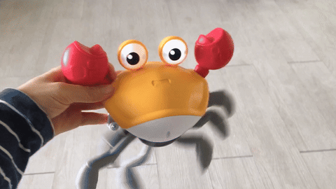 Die bewegliche Krabbe mit Musik in der Farbe Blau. Dieses Babyspielzeug eignet sich perfekt zur Förderung der motorischen Fähigkeiten, einschließlich Krabbeln und Laufenlernen.