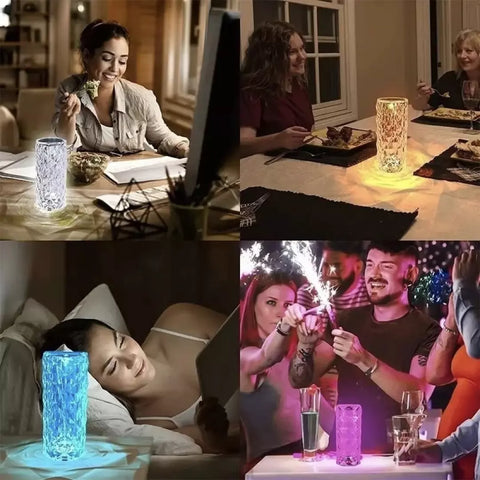 De Luminique Led Kristal Lamp is te zien in vier verschillende settingen. De led kristal lamp laat vier verschillende kleuren zien.