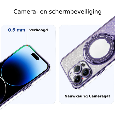 Die lila magnetische Glitzer-iPhone-Hülle. Der Kameraschutz ist sichtbar.