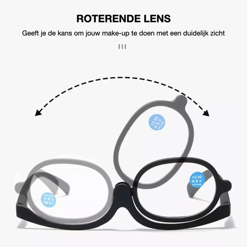 The rotating lens function of the BeautyLens Make-up Glasses is displayed. With these makeup glasses you can easily apply your makeup without losing your vision.