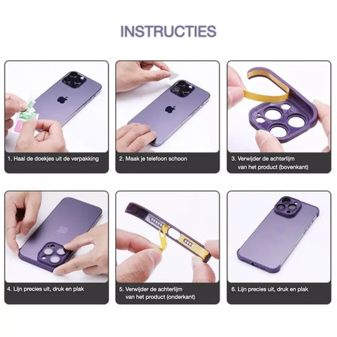 De installatie van de onzichtbare iPhone case van Bevano Beauty. in zes stappen wordt uitgelegd hoe je de onzichtbare iPhone case installeert op de telefoon.