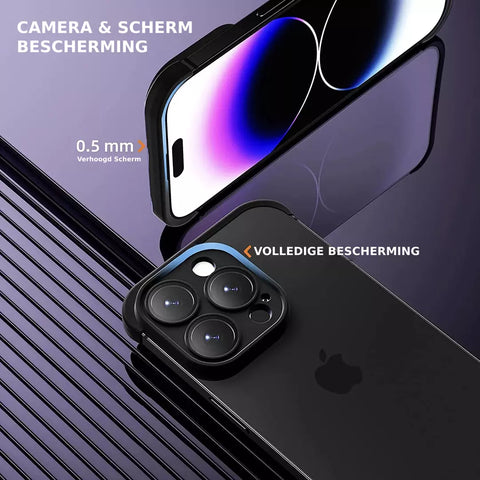 De zwarte onzichtbare iPhone case van Bevano Beauty. De 0,5 millimeter verhoogde constructie wordt weergegeven. Dit beschermt de iPhone maximaal.