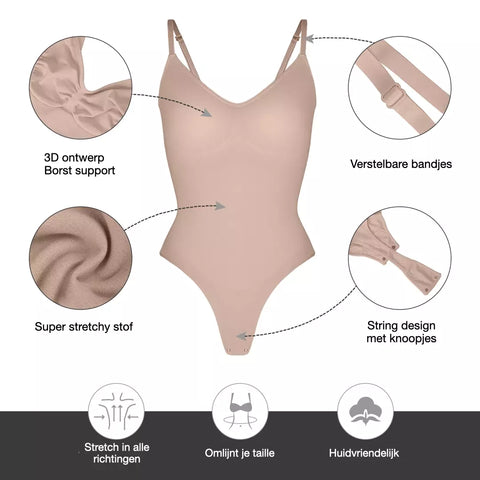 De details van de SlimShape Bodysuit van Bevano Beauty. De bodysuit is super stretchy, heeft verstelbare bandjes en de bodysuit is te sluiten door een drukknop sluiting
