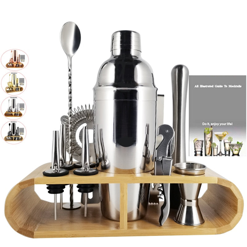 750ml/600ml Stainless Steel Bar Cocktail Shaker Set Barware Tools Shaker Sets with Wooden Rack