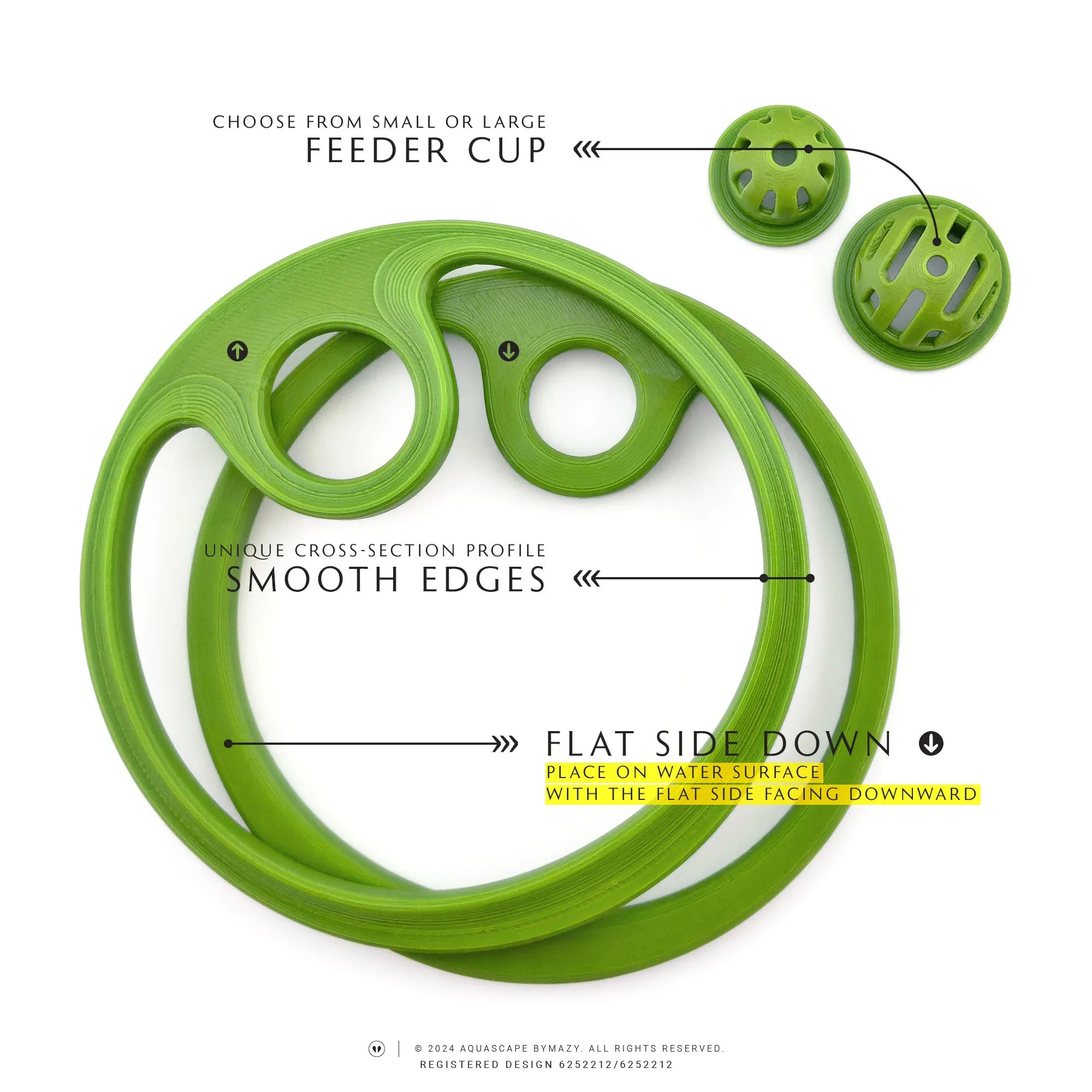 Floating feeding ring for fish tank with small or large feeder cup and smooth edges in yellow green byMazy.