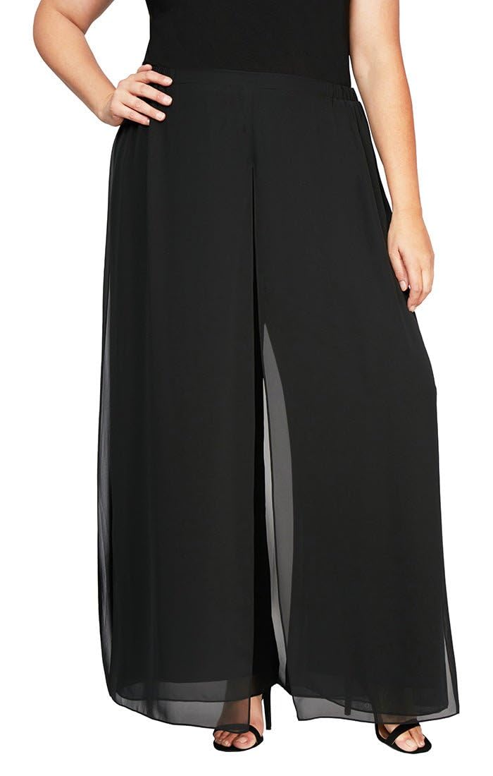 Alex Evenings Women's Full Length Wide Leg Dress Pant Size and Plus Petite, Black Chiffon Carwash, 1X