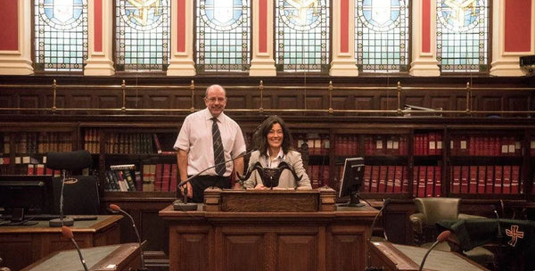 In the Speaker's Chair with the original House of Keys' snuff-box before him. (It wasn't empty.)